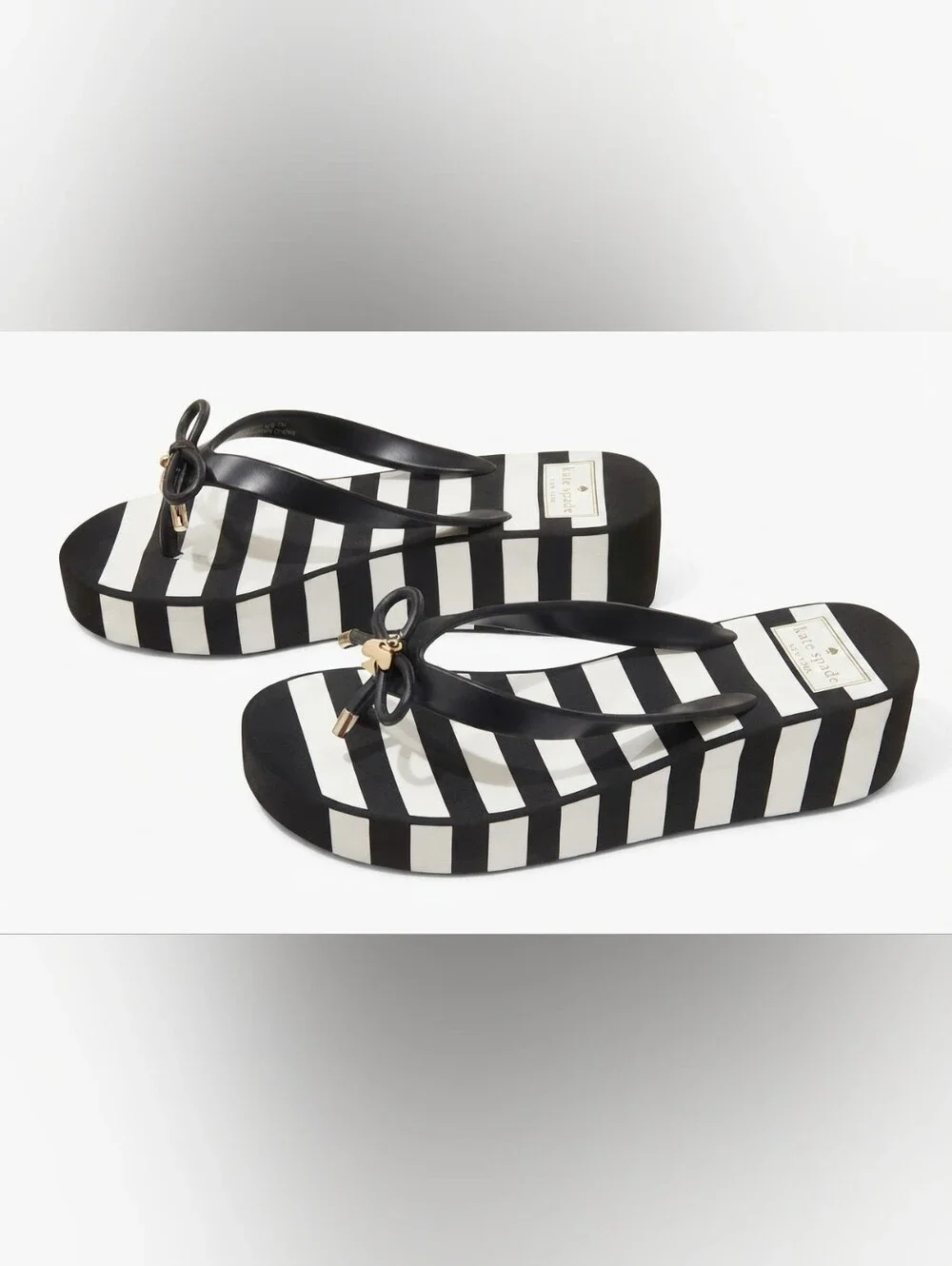 Kate Spade New York Rhett Platform Wedge Flip Flop Sandals Black White Charm 7M